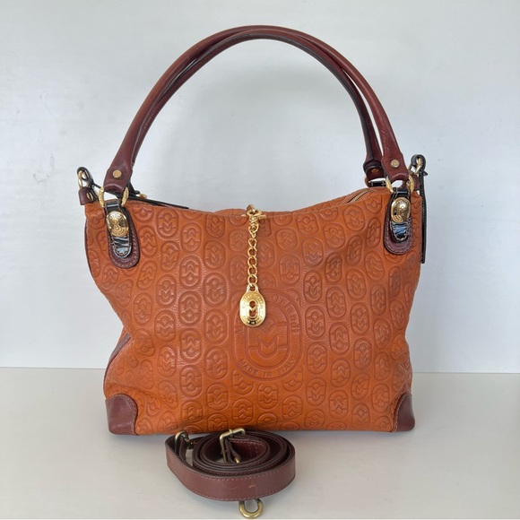 MARINO ORLANDI Italy Monogram Cognac Brown Leather Oversized Hobo Shoulder Bag - Picture 14 of 15